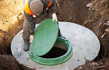 A Metro Septic technician opening a lid to perform a septic tank inspection.