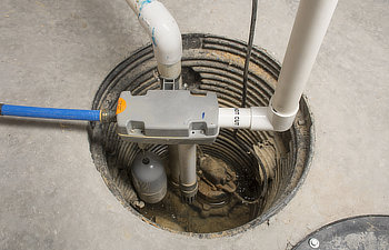 sump pump installed in a basement of a home with a water powered backup system